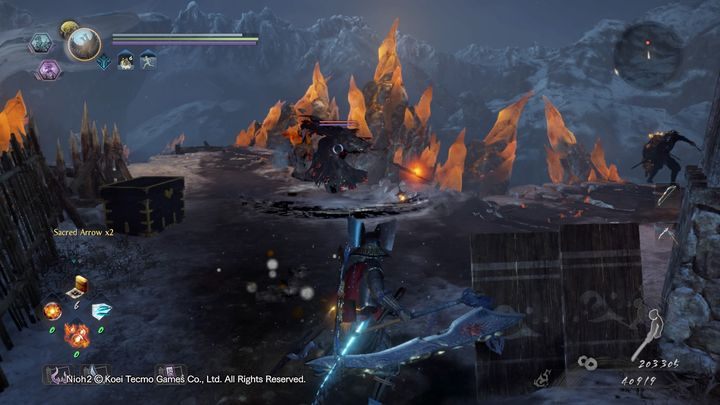 Tam znajdziesz Śnieżnego Cyklopa, postępuj z nim tak samo jak wcześniej, uważając na to, żeby nie spaść w dół - Opuszczona warownia | Solucja NiOh 2 - NiOh 2 - poradnik do gry