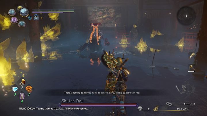 Shuten Doji to wielki boss Yokai, który walczy za pomocą buławy, posługuje się ogniem w walce oraz swoim Sake - NiOh 2: Shuten Doji - boss - NiOh 2 - poradnik do gry