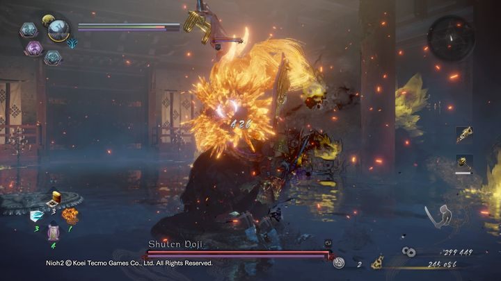 Shuten Doji może również wykonać inny Burst Attack, który polega na tym, że pije ze swojej tykwy, po czym wypuszcza płomień ze swojej buzi - NiOh 2: Shuten Doji - boss - NiOh 2 - poradnik do gry