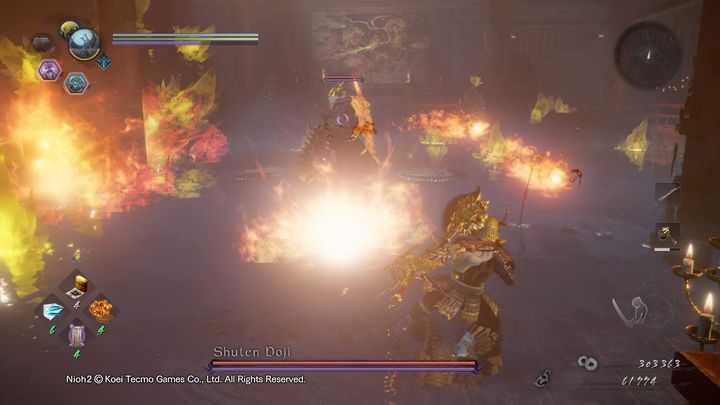 Kolejnym jego ognistym atakiem będzie napicie się z tykwy i wyplucie ognistych kul wokół siebie - NiOh 2: Shuten Doji - boss - NiOh 2 - poradnik do gry