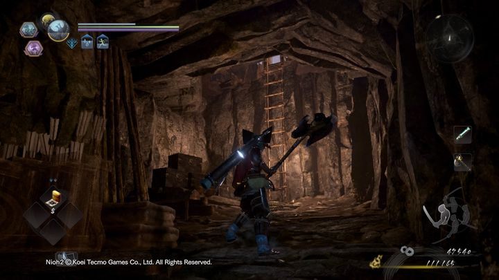 Na samym końcu jaskini, po lewej stronie znajduje się drabina, która wyprowadzi cię na zewnątrz, wejdź po niej na górę i uważaj na innych przeciwników - Ptak w klatce | Solucja NiOh 2 - NiOh 2 - poradnik do gry