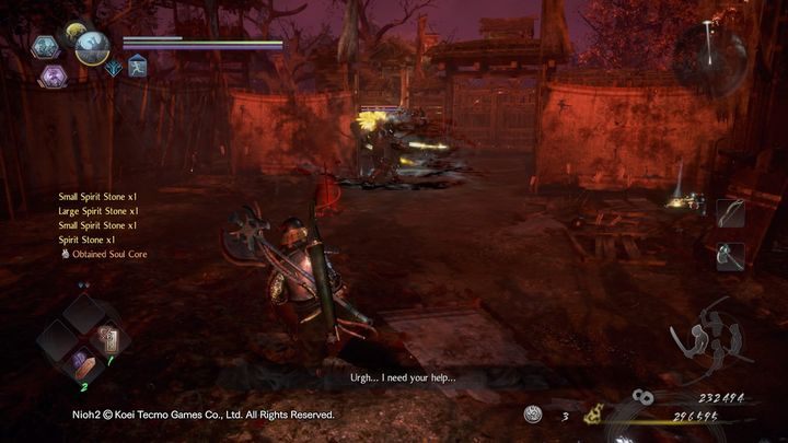 Po rozprawieniu się z mniejszymi przeciwnikami, bramy naprzeciw ciebie broni Magatsu, jest to Yokai, który walczy dwoma mieczami - NiOh 2: Bystry demon, solucja - NiOh 2 - poradnik do gry