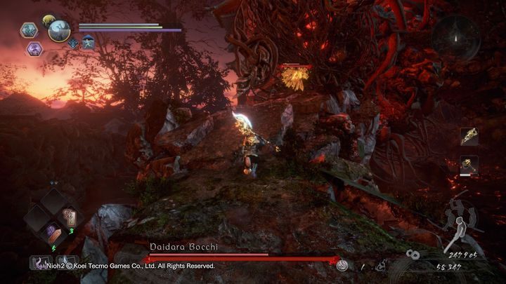 Za każdym razem, gdy jego pasek Ki spadnie o zera, wejdź po jego rękach na górę i zniszcz kryształ Amrity - NiOh 2: Daidara Bocchi - boss - NiOh 2 - poradnik do gry