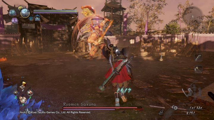 Niebieski typ bossa specjalizuje się natomiast w atakach dystansowych, atakuje za pomocą mroźnego łuku - NiOh 2: Ryomen Sukuna - boss - NiOh 2 - poradnik do gry