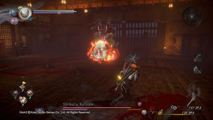 Shibata Katsuie potrafi również przyzwać do walki swojego ducha opiekuńczego, ognistego dzika, który będzie pędził w twoją stronę, zostawiając za sobą na ziemi ogień - NiOh 2: Shibata Katsuie - boss - NiOh 2 - poradnik do gry