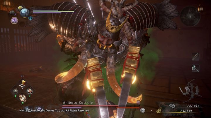 Jego Burst Attack polega na wymachiwaniu kilkukrotnie toporami, sygnalizuje ten atak oczywiście czerwonym błyskiem - NiOh 2: Shibata Katsuie - boss - NiOh 2 - poradnik do gry