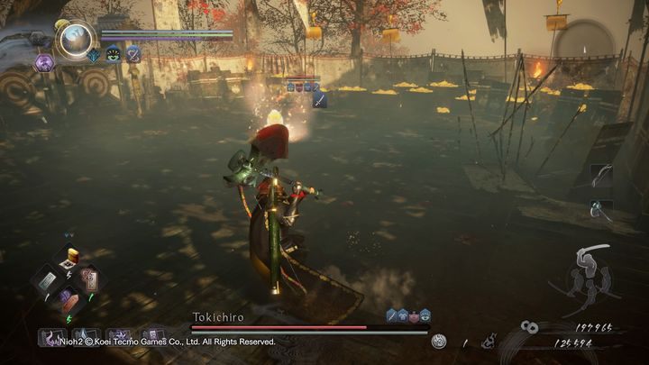 Tokichiro, poza podstawowymi atakami dla gracza walczącego dwoma mieczami lub mieczem, może przyzwać swojego ducha opiekuńczego, małpę - NiOh 2: Tokichiro - boss - NiOh 2 - poradnik do gry