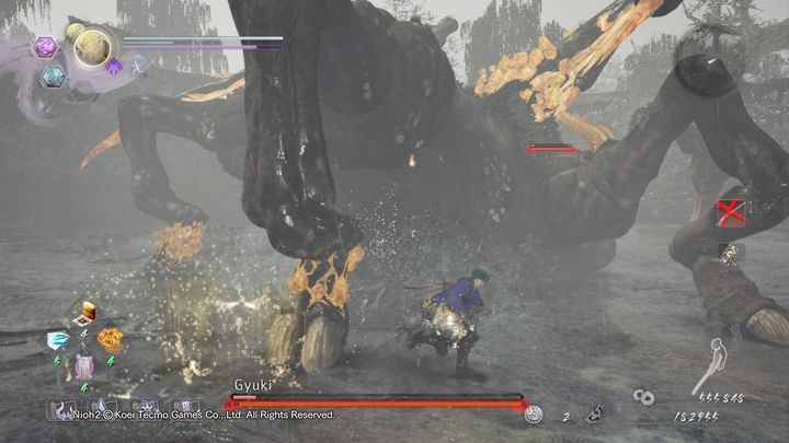 Gyuki poza samym skokiem i atakowaniem nogami, może również wykonywać ataki dystanowe, jak chociażby plucie trucizną - Gyuki | Boss w NiOh 2 - NiOh 2 - poradnik do gry