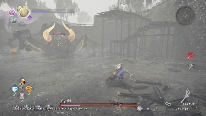 Gdy twoja postać będzie blisko twarzy Gyuki, wtedy może wykonać on chwyt, który sygnalizowany jest białoczarnym płomieniem - Gyuki | Boss w NiOh 2 - NiOh 2 - poradnik do gry