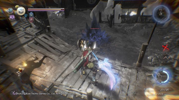 Znajduje się tam wiele Yokai, zamiast jednak rozprawiać się z każdym pojedynczo, wejdź na górę, aby ominąć ich znaczną część, po czym zeskocz na dół i zacznij atakować wielki, niebieski kryształ - Ciała i lód | Solucja NiOh 2 - NiOh 2 - poradnik do gry