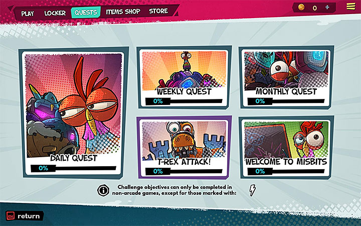 Listę wszystkich dostępnych wyzwań możesz znaleźć w zakładce Quests - Questy i wyzwania w MisBits - MisBits - poradnik do gry