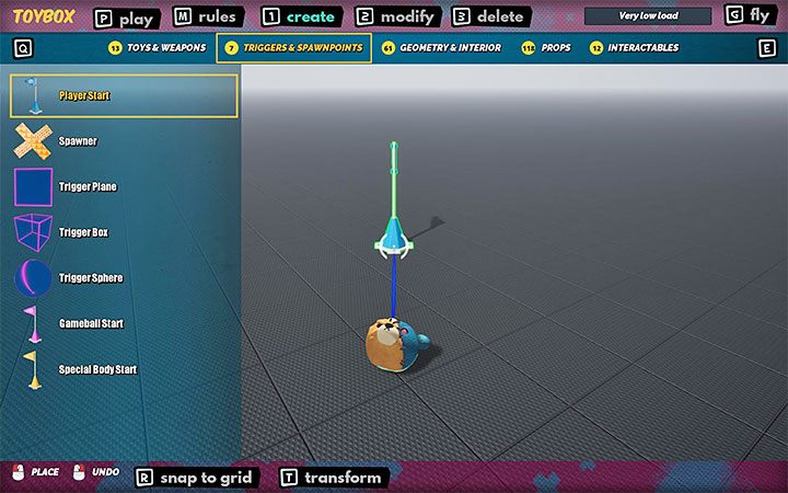 Wyższym poziomem skomplikowania cechuje się również zakładka Triggers & Spawnpoints z menu Create - MisBits: ToyBox - stworzenie własnej gry - MisBits - poradnik do gry