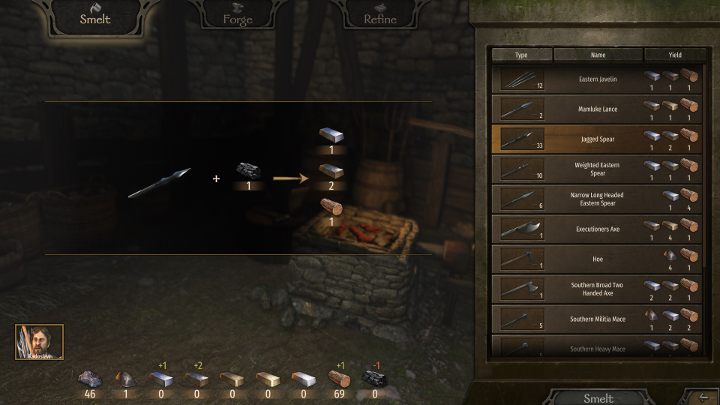 Możesz przerabiać uzbrojenie na materiały craftingu w zakładce Smelt. - M&B 2 Bannerlord: Kowalstwo - crafting, zdobywanie materiałów - Mount and Blade 2 Bannerlord - poradnik do gry