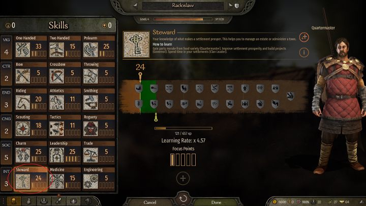 Za maksymalną liczbę żołnierzy w drużynie odpowiada umiejętność Zarządca (Steward) - M&B 2 Bannerlord: Jak zwiększyć oddział? - Mount and Blade 2 Bannerlord - poradnik do gry