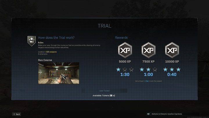 Ilość punktów doświadczenia, które można uzyskać po zakończeniu Próby w grze Call of Duty Warzone prezentuje się następująco - Warzone: Próby (Trials) - rodzaje, bilety, nagrody - Call of Duty Warzone - poradnik do gry