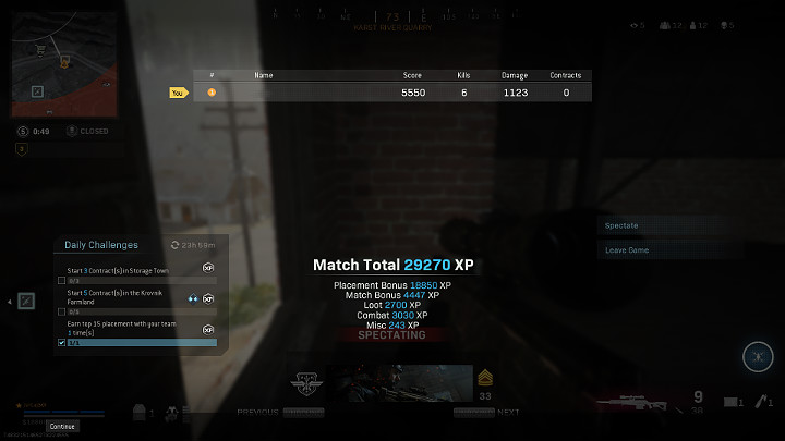 Na powyższym obrazku widać, że zajmując 13 miejsce, zdobywając 6 zabójstw i wyrządzając 1123 punkty obrażeń można było zainkasować aż 29 270 punktów doświadczenia - Warzone: Tryb solo (Solos) - jak wygrać, najlepsze wyposażenie - Call of Duty Warzone - poradnik do gry