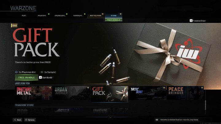 Jeśli otrzymasz free bundle w grze Call of Duty Warzone, odpowiednia informacja zostanie wyświetlona w lobby gry, zaraz pod zakładką store - Warzone: Sklep - COD Points, przepustka bojowa, free gift pack - Call of Duty Warzone - poradnik do gry