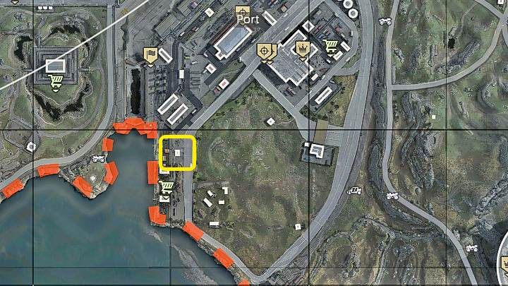 Warto także zaznaczyć fakt, że na obszarze portu znajdziecie aż 5 stacji zakupowych, kilka pojazdów, a nawet jedno lądowisko dla helikoptera, które zostało oznaczone na powyższym obrazku - Warzone: Port - najlepsze miejsce do lądowania - Call of Duty Warzone - poradnik do gry
