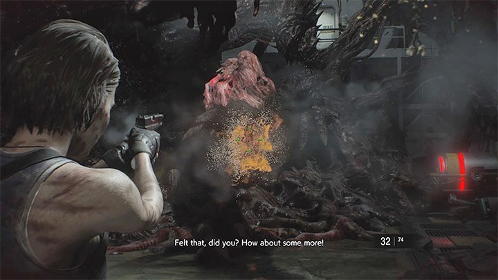Twoim zadaniem jest strzelanie w cysty pojawiające się na ciele bossa - Resident Evil 3: Finał, Nemesis solucja, opis przejścia - Resident Evil 3 - poradnik do gry