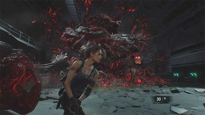 W trakcie ostrzeliwania cyst Nemesis nie pozostanie oczywiście bezczynny - trzeba unikać ataków mackami w wykonaniu bossa - Resident Evil 3: Finał, Nemesis solucja, opis przejścia - Resident Evil 3 - poradnik do gry