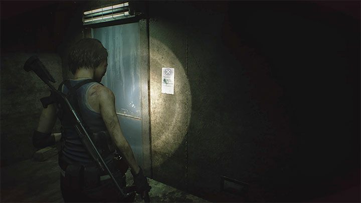 Notatka wisi na ścianie w kanałach Sewers obok pierwszych napotkanych zamkniętych drzwi, które posiadają zamek elektroniczny wymagający użycia baterii - Resident Evil 3: Kanały sekrety, znajdźki - Resident Evil 3 - poradnik do gry