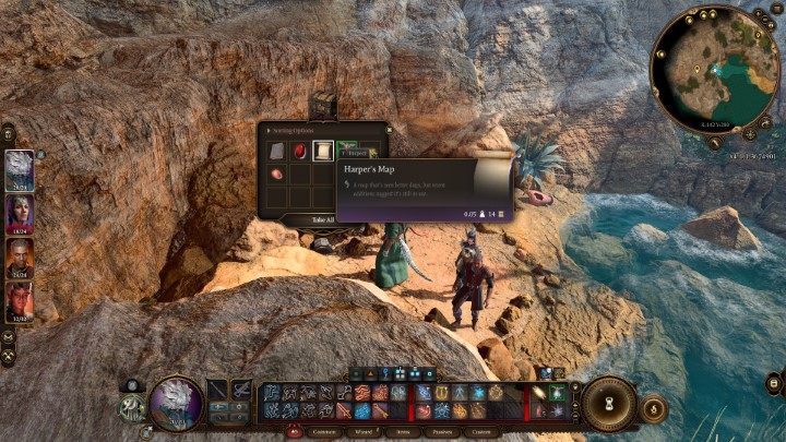 Pod głazem znajdziecie niewielką skrzynię, w której skrywa się kilka przydatnych skarbów oraz mapa (Harpers Map), która zapewni Wam wskazówki dotyczące tego, jak dostać się do kryjówki - Baldurs Gate 3: Zagadka z Ukryta skrzynią Harfiarzy - Baldurs Gate 3 - poradnik do gry