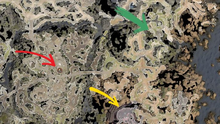 Lokalizacja pierwszego Piekielnego Żelaza. Czerwona strzałka wskazuje budynek w Opuszczonej Wiosce z Piekielnym Żelazem. Żółta to początek gry (wrak statku Nautiloid), a zielona to Gaj Druidów. - Baldurs Gate 3: Jak zdobyć Piekielne Żelazo? - Baldurs Gate 3 - poradnik do gry