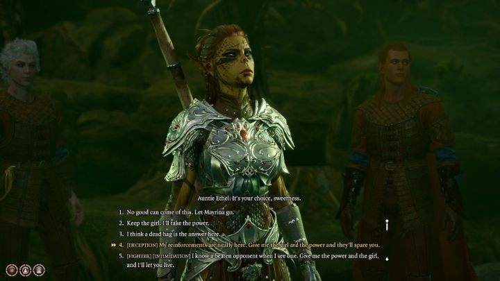 Gdy Ethel straci wystarczająco dużo punktów zdrowia, spróbuje błagać o swoje życie, ofiarując w zamian ogromną moc, jeśli pozwolicie jej odejść z Mayriną - Baldurs Gate 3: Jak pokonać Ciotkę Ethel (Zielona Wiedźma)? - Baldurs Gate 3 - poradnik do gry