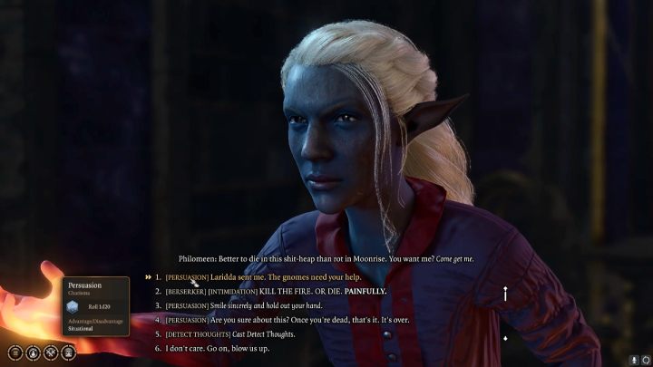 Podczas rozmowy z gnomką będziecie mogli wybrać test umiejętności, aby przekonać ją do oddania magicznej fiolki z prochem (Runpowder vial) - Baldurs Gate 3: Kuźnia Gryma (Grymforge) w BG3 - opis przejścia - Baldurs Gate 3 - poradnik do gry