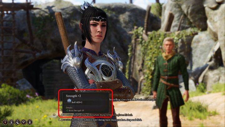 Powyższy screen prezentuje sytuację w której postać ma możliwość użycia siły w trakcie dialogu i uderzenia jednego z rozmówców - Baldurs Gate 3: Zdolności (Abilities) - Baldurs Gate 3 - poradnik do gry