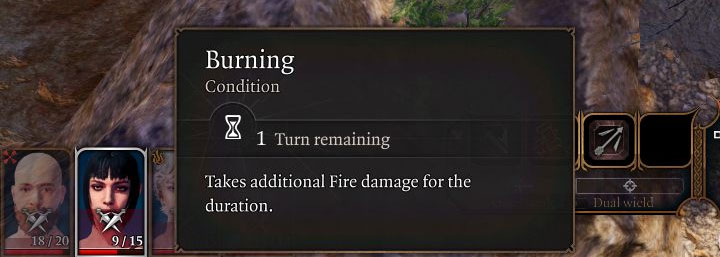 Statusy nakładane na członków drużyny mogą gwarantować pozytywne bonusy do statystyk (przykład na obrazku 1) lub na różne sposoby ich osłabiać (przykład na obrazku 2) - Baldurs Gate 3: Jak odczytywać statusy postaci? - Baldurs Gate 3 - poradnik do gry