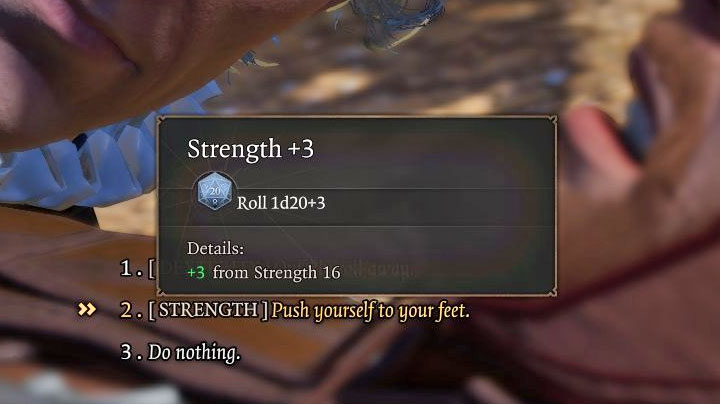 Większa szansa powodzenia testu umiejętności to inaczej premia punktowa do wartości wylosowanej przez kości (w przykładzie z powyższego obrazka premia ta wynosi 3) - Baldurs Gate 3: Porady na start - Baldurs Gate 3 - poradnik do gry