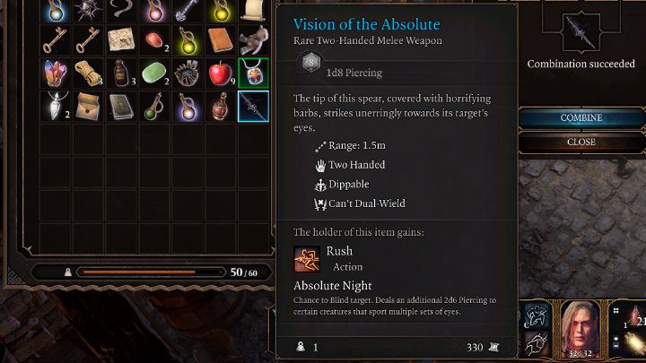 Pierwszy element niezbędny do stworzenia rzadkiej broni Wizja Absolutu to Drzewce złamanej włóczni (Shaft of a Broken Spear) - Baldurs Gate 3: Wizja Absolutu/Vision of the Absolute - jak stworzyć? Crafting - Baldurs Gate 3 - poradnik do gry
