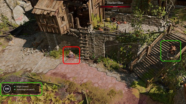 Na powyższym obrazku można zauważyć sytuację w której bohater (Łowca) przyczaił się w ukryciu na schodach (przewaga wysokości) i celuje w przeciwnika, który znajduje się niżej od aktualnej pozycji postaci dzięki czemu szansa na udany atak wzrosła do maksymalnego poziomu 100% - Baldurs Gate 3: Walka - tury, inicjatywa postaci - Baldurs Gate 3 - poradnik do gry