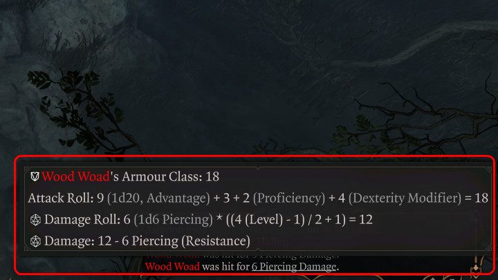 Atakując wcześniej wspomnianego Urzeta ciosem wyrządzającym obrażenia Kłute (Piercing) uzyskano wynik rzutu ataku na poziomie 18 punktów (remis = atak dojdzie do skutku), a następnie wykonano rzut obrażeń z którego wynika, że przeciwnik powinien otrzymać 12 punktów obrażeń, ale po uwzględnieniu odpo - Baldurs Gate 3: Walka - tury, inicjatywa postaci - Baldurs Gate 3 - poradnik do gry