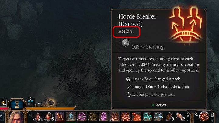 Na powyższym screenie zaprezentowano jedną z Akcji Łowcy (Ranger), która umożliwia zaatakowanie dwóch celów w trakcie jednej tury jeśli znajdują się w bliskiej odległości od siebie - Baldurs Gate 3: Walka - tury, inicjatywa postaci - Baldurs Gate 3 - poradnik do gry