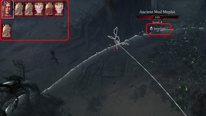 Na powyższym obrazku można zauważyć sytuację w której postać Gracza wykonała atak z ukrycia i zainicjowała walkę, ale ze względu na to, że wszyscy przeciwnicy zostali Zaskoczeni (Surprised) pominęli swoją pierwszą turę i bohater będzie mógł zaatakować ponownie, a tym samym wyeliminować pierwszy cel - Baldurs Gate 3: Walka - tury, inicjatywa postaci - Baldurs Gate 3 - poradnik do gry