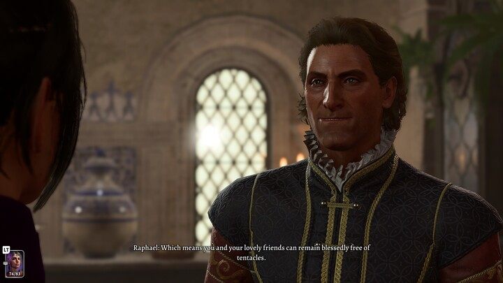 Następnie udajcie się na piętro i porozmawiajcie z Raphaelem - będziecie mieli możliwosć pchnięcia dalej zadań Uwolnij Orfeusza (Free Orpheus), Pomóż Kithrak Voss (Help Kithrak Voss) oraz questa Laezel Wojowniczka Githyanki (The Githyanki Warrior) - Baldurs Gate 3: Akt 3 Rivington - Baldurs Gate 3 - poradnik do gry