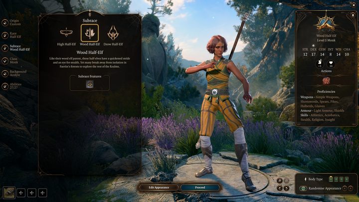 W kontekście pochodzenia, wybierzcie Enterainera - otrzymujecie Akrobatykę oraz Występy - Baldurs Gate 3: Najlepszy build dla Mnicha - Baldurs Gate 3 - poradnik do gry