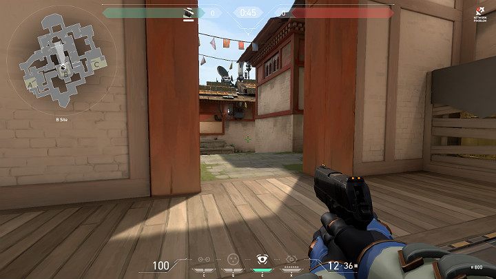 Na powyższym obrazku widać przykładową pozycję na B Site, aby pokazać widok na Mid Window - jedną z najpopularniejszych dróg ataku na punkt B - Valorant: Haven - mapa, callouts dla obrońców i atakujących - Valorant - poradnik do gry