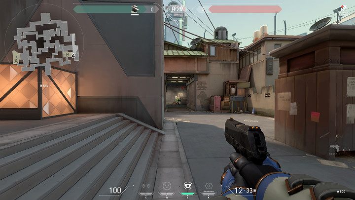 Na powyższym obrazku widać przykładową pozycję na B Site skąd Gracz ma dobry widok na B Long - jedną z najpopularniejszych dróg ataku na punkt B - Valorant: Split - mapa, callouts dla obrońców i atakujących - Valorant - poradnik do gry