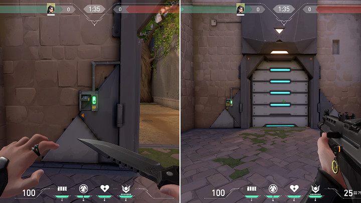 Opancerzone drzwi można zniszczyć za pomocą kilkunastu pocisków wystrzelonych z karabinu maszynowego - używając Vandala jest to 13 naboi - Valorant: Ascent - mapa, callouts dla obrońców i atakujących - Valorant - poradnik do gry