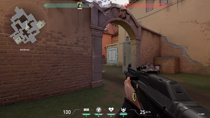 Przechodząc na drugą stronę miejscówki Mid Bottom można celować w stronę przejścia Mid Link, gdzie również mogą pojawić się atakujący - Valorant: Ascent - mapa, callouts dla obrońców i atakujących - Valorant - poradnik do gry