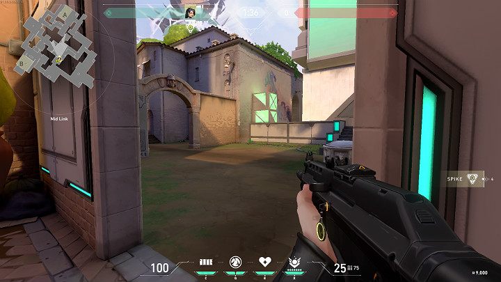 Chowając się za ścianą po prawej stronie Gracz ma jeszcze lepszy widok na A Cubby i Mid Bottom od strony punktu odrodzenia drużyny defensywnej - Valorant: Ascent - mapa, callouts dla obrońców i atakujących - Valorant - poradnik do gry
