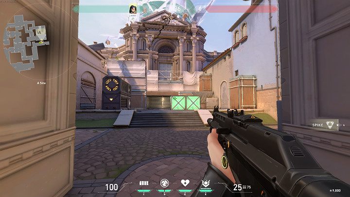 Na powyższym obrazku widać postać, która patrzy w kierunku A Site - Valorant: Ascent - mapa, callouts dla obrońców i atakujących - Valorant - poradnik do gry