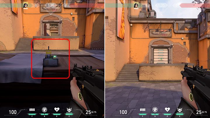 Opancerzone drzwi można zniszczyć za pomocą kilkunastu pocisków wystrzelonych z karabinu maszynowego - używając Vandala jest to 13 naboi - Valorant: Ascent - mapa, callouts dla obrońców i atakujących - Valorant - poradnik do gry