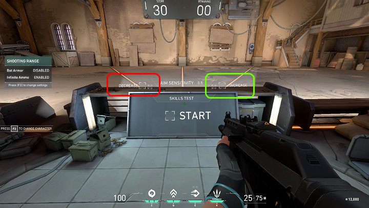 Jeśli po ruchu nadgarstka celownik zatrzyma się w dużej odległości przed celem oznacza to, że należy zwiększyć czułość myszy (strzel w jeden z kwadratów w zielonym polu lub zmień w opcjach gry) - Valorant: Najlepsze ustawienia myszy, porady - czułość, akceleracja - Valorant - poradnik do gry