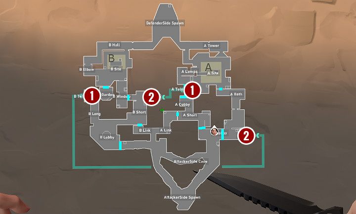 Na powyższym obrazku cyfrą 1 zaznaczono wejście do portali, a cyfrą 2 wyjścia - Valorant: Portale - czym są, jak działają, zastosowanie - Valorant - poradnik do gry