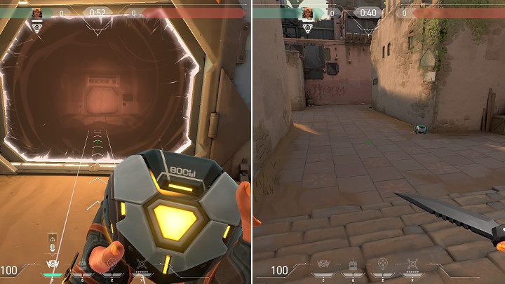 Raze stoi przy portalu znajdującym się przy Długiej B i wypuszcza w portal Bum Bota, który wychodzi po drugiej stronie mapy i skanuje przejście prowadzące do Krótkiej A i tzw - Valorant: Portale - czym są, jak działają, zastosowanie - Valorant - poradnik do gry