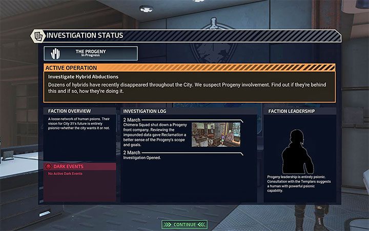 Postępy w śledztwie wyświetlane są w menu Investigation, czyli w jednej z zakładek menu Miasta 31 - XCOM Chimera Squad: Wrogie frakcje - śledztwo, neutralizacja - XCOM Chimera Squad - poradnik do gry